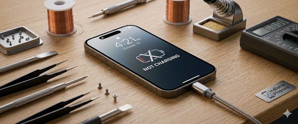 iPhone displaying not charging screen surrounded by repair tools — charging port repair service